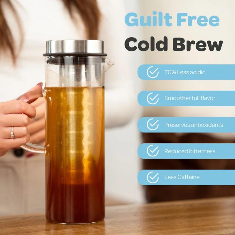 MODERN WALLS LLC B07WS8D4KF Cold Brew Coffee Maker - Large Glass Infusion Pitcher 1.6 Quarts 52Oz - Iced Coffee & Iced Tea Pitcher With Stainless Steel Lid & Fruit Infusion Tube - Perfect For Home Or Office
