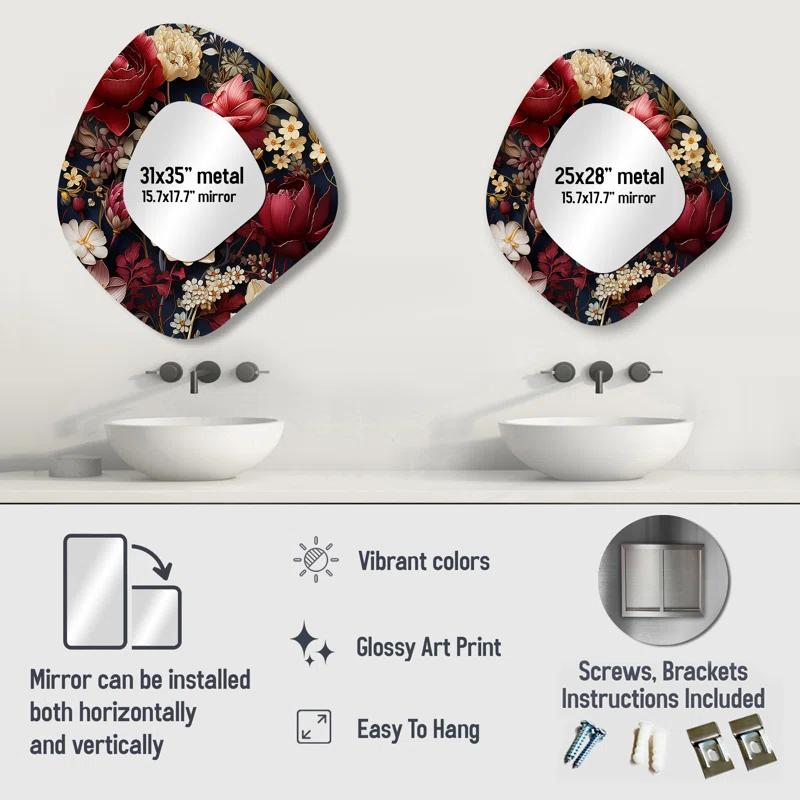 Design Art Victorian Royal Burgundy Peonies - Floral Traditional Wall Mirror In Asymmetrical Shapes