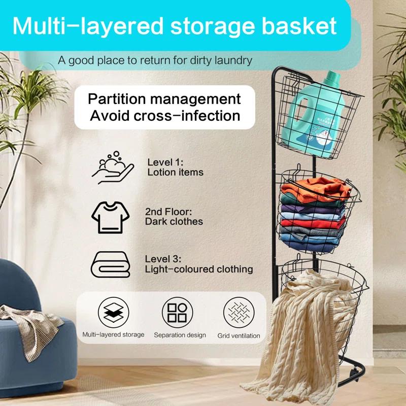 Rebrilliant 3-Tier Rolling Laundry Sorter Cart with Removable Metal Wire Baskets