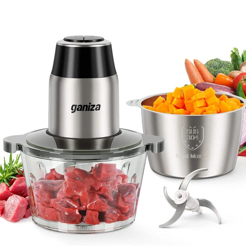 KIBNOF Food Processors, Electric Food Chopper with Meat Grinder & Vegetable Chopper - 2 Bowls (8 Cup+8 Cup) with Powerful 450W Copper Motor - Includes 2 Sets of Bi-Level Blades for Fruits/Meat/Nuts