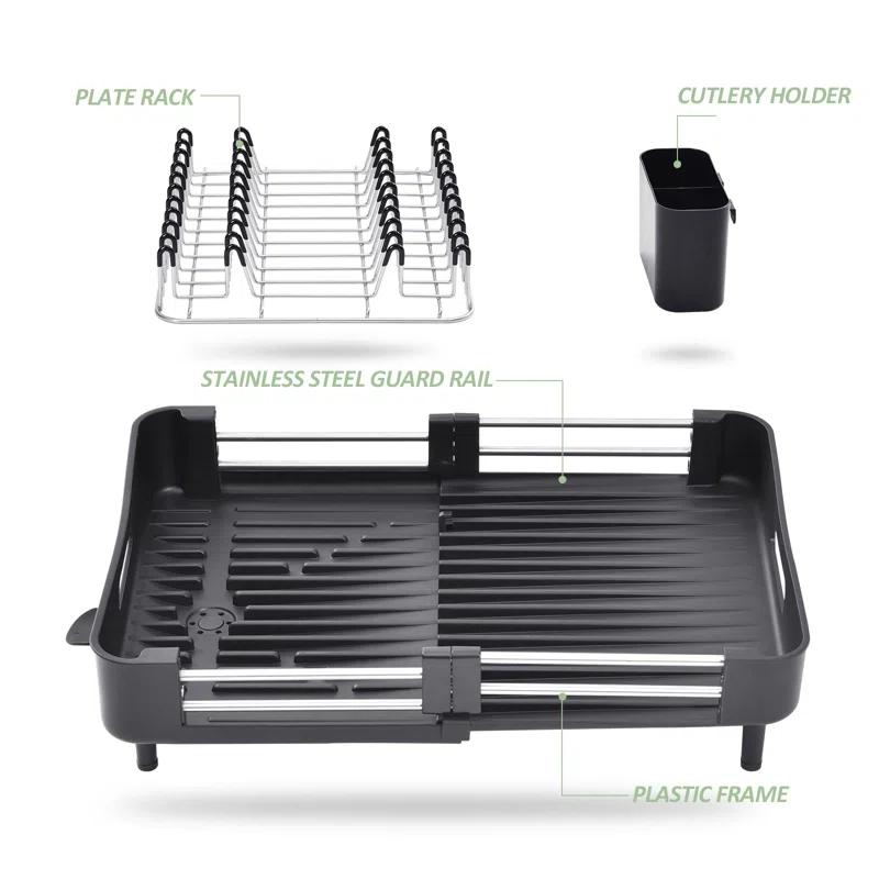 EDGAR'S FURNITURE MANUFACTURING INC Dish Drying Rack For Kitchen Counter, Extendable Dish Rack With Drainboard, Collapsible Dish Strainer With Cutlery Holder, Foldable Home Countertop Plate Storage Rack