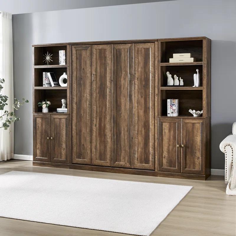 LOONGFIELD Full Size Half Self-Close And Open Murphy Bed With 2 Side Cabinet Storage Shelf, Cabinet Space-Saving Bed Perfect For Guest Room, Bed Room, Guest Room, Home Office
