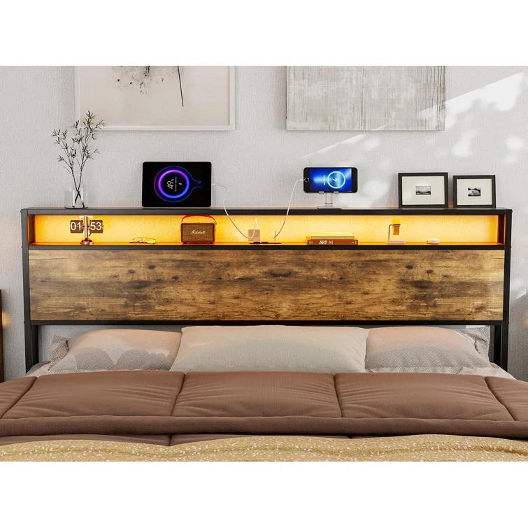 Ivy Bronx Kaiwei Storage Headboard With Led Lights & Charging Station - Industrial Metal And Wood