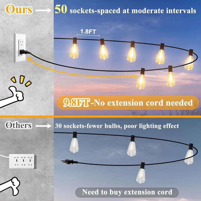 Arlmont & Co. Arlmont & Co. LED Outdoor String Lights 100FT Patio Lights With 52 Shatterproof ST38 Vintage Edison Bulbs