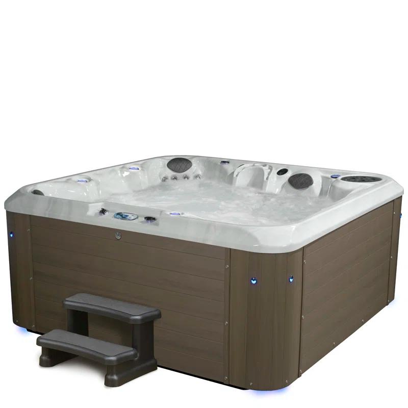 Amplified 6-Person 100-Jet Double-Lounger Hot Tub Spa with Bluetooth Stereo, 3 Pumps, LED Lighting, Stainless Steel Heater and Ozonator, Insulated Cover and Steps Included