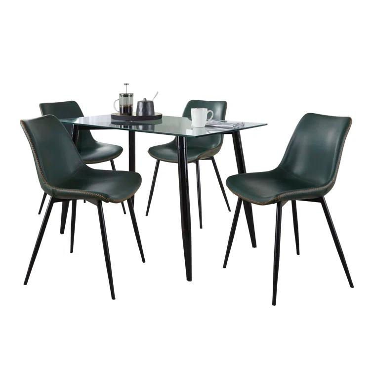 LumiSource Clara-Durango Contemporary Dining Set In Black Metal, Clear Glass And Green Vintage Faux Leather With Orange Zig Zag Stitching - 5 Piece