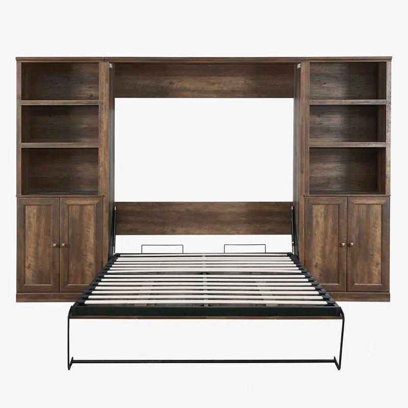 LOONGFIELD Full Size Half Self-Close And Open Murphy Bed With 2 Side Cabinet Storage Shelf, Cabinet Space-Saving Bed Perfect For Guest Room, Bed Room, Guest Room, Home Office