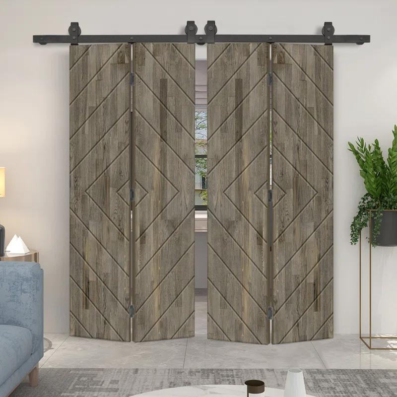 Calhome Stained Pine Wood Bi-Fold Double Barn Door with Sliding Hardware Kit