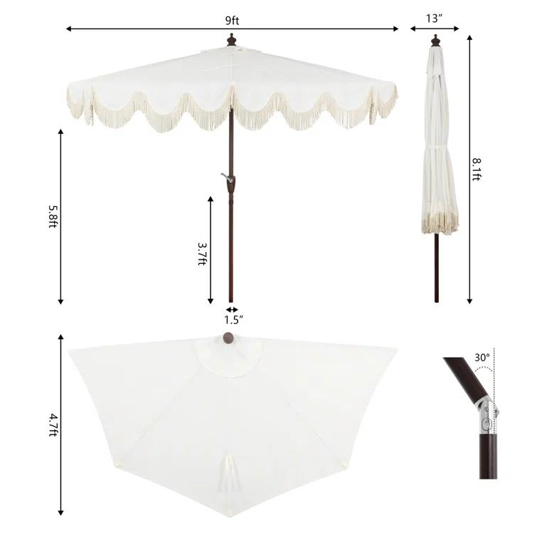 Arlmont & Co. Tasheba 9 ft. Classic Scalloped Fringe Half Market Patio Umbrella with Crank, and UV Protection