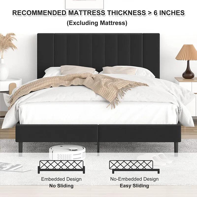 Flolinda Platform Bed Frame with Tufted Upholstered Headboard & Solid Wood Bed Legs