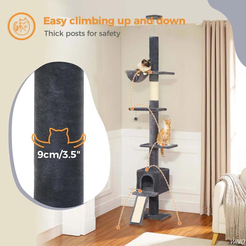 Adjustable Height Floor To Ceiling 5-Tier Tall Cat Tree Tower For Indoor Cats With Cat Condo, Cat Scratching Post And Cat Ladder