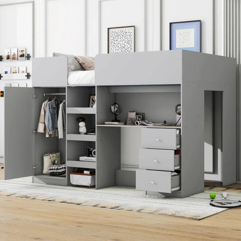 NTYUNRR Wood Full Size Loft Bed With Built-In Wardrobe