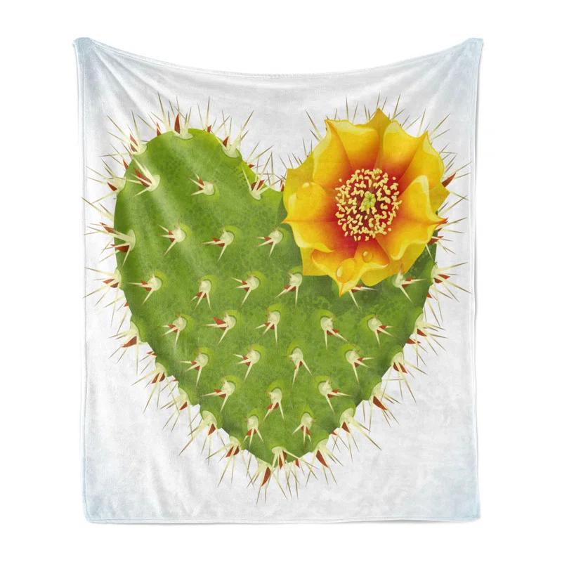 Ambesonne Ambesonne Cactus Fleece Throw Blanket Thorny Opuntia Heart Green Yellow Orange