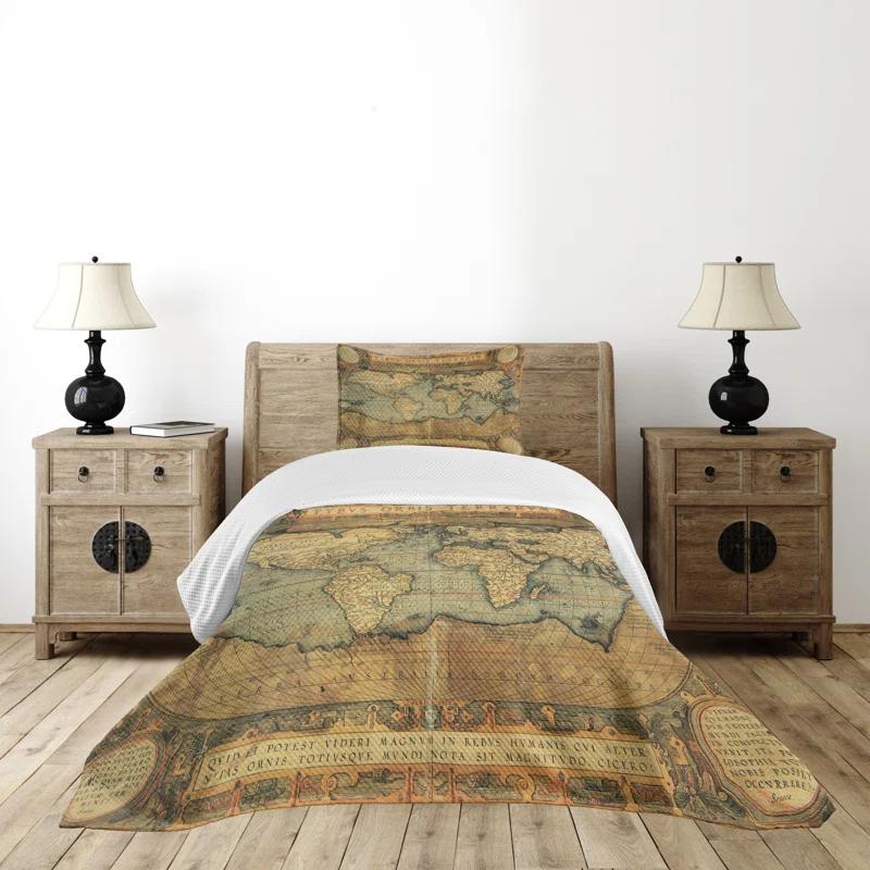 Ambesonne Ambesonne World Map Bedspread Set Retro Atlas Illustration Sand Brown Slate Blue