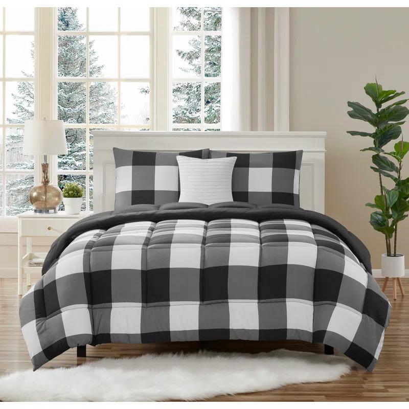 Sweet Home Collection 4 Piece Buffalo Plaid Printed Comforter, Shams & Throw Pillow Set