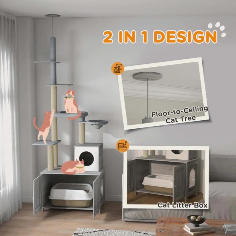 Tucker Murphy Pet™ Cat Tree With Litter Box Enclosure, 2 In 1 Floor To Ceiling Cat Tower Litter Box Furniture With Condo, Bed, Hammock, Scratching Posts, And Platforms For Indoor Use