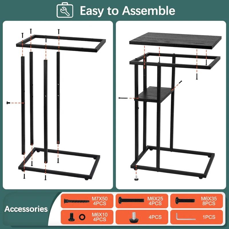 C Shaped End/ Side Table for Couch and Bed, Small Spaces, Living Room, Bedroom, Rustic Snack Table