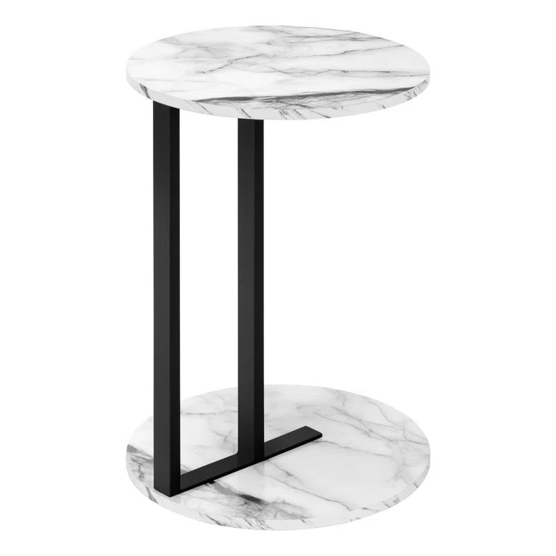 17 Stories Accent Table, Side, Round, End, Nightstand, Lamp, Living Room, Bedroom, White Marble Look Laminate, Black Metal, Contemporary, Modern