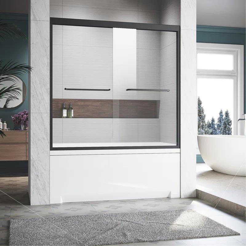 Sliding Glass Tub Door 56-60 In. W X 57 In. H, Semi Frameless Double Bathtub Door, Certified Thick Clear Clear Tempered Glass, 304 Stainless Steel Handles.