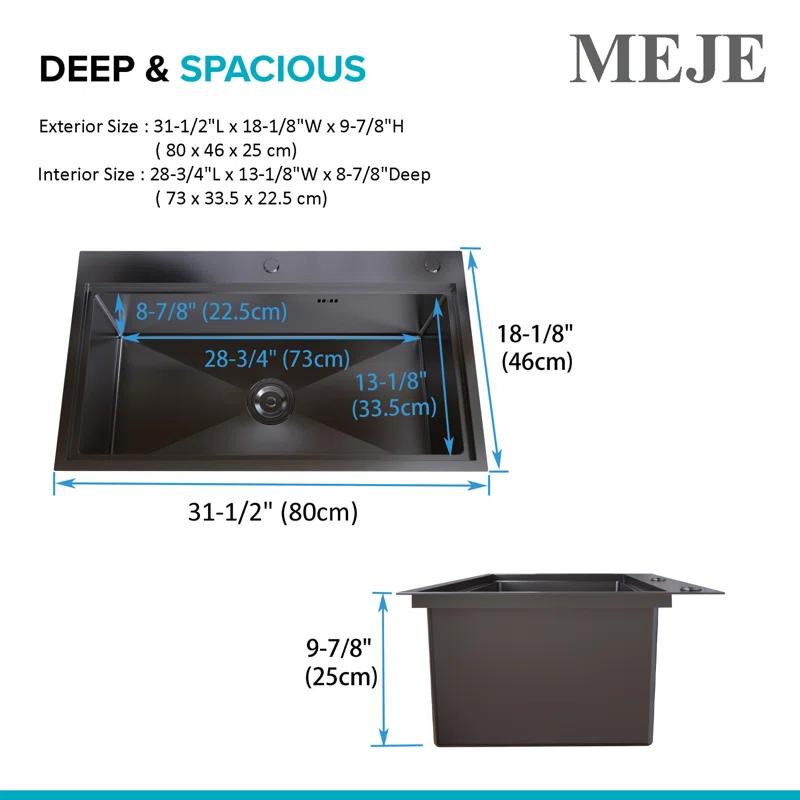 31.5"L Drop-in Stainless Steel Kitchen Sink, Single Large Kitchen Sink with Accessories