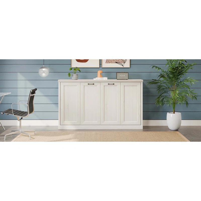 Impact Outdoor Twin Size Horizontal Murphy Bed, Hideaway Wall Bed, Folding Into Cabinet, Space Saving Furniture For Multipurpose Guest Room, Home Office, Rustic White