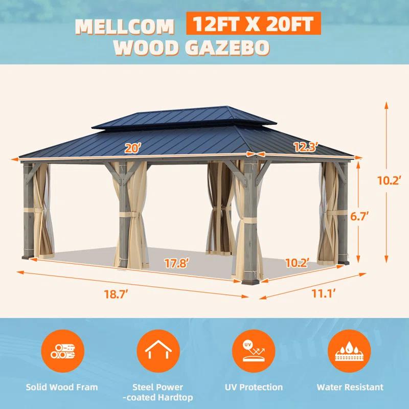 EROMMY 12' X 20' Outdoor Spruce Hardtop Gazebo For Patios, Spruce Framed Gazebo With Double Roof, Solid Wooden Framed Gazebo With Privacy Curtains For Patio Lawn, Garden, Backyard