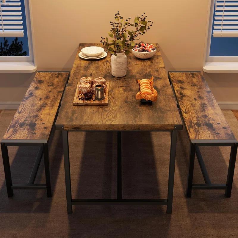 Dining Table Set For 4, Kitchen Table With 2 Metal Wood Benches