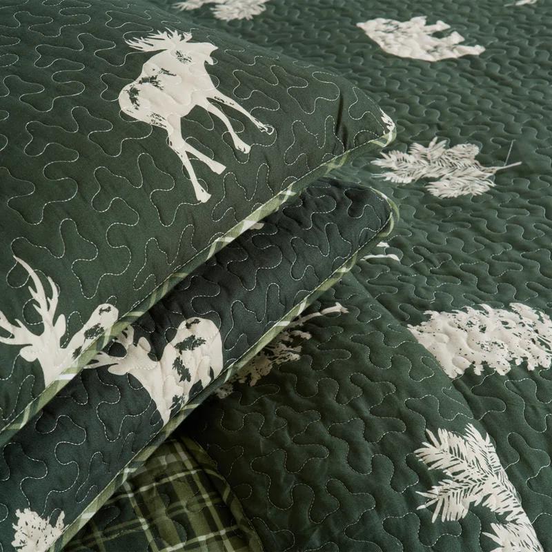 FreshFolds Forest Green Nature Quilt Set Reversible Plaid Quilt Set with Shams