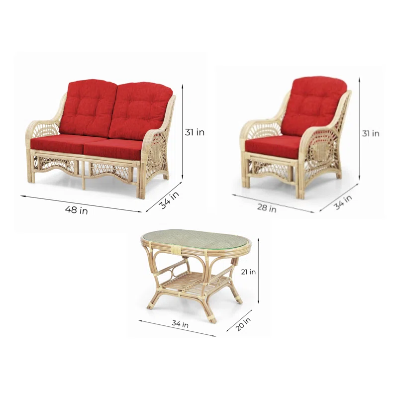 Bay Isle Home™ Malibu Lounge Set Of 4: 2 Natural Rattan Wicker Chairs, Loveseat And Coffee Table W/Glass Handmade, Natural Color