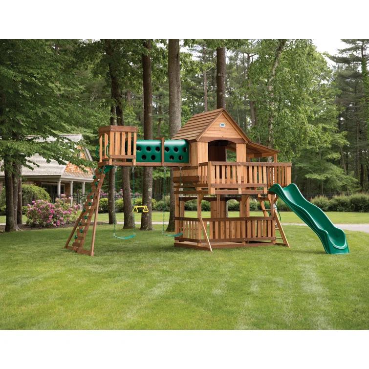 Backyard Discovery Backyard Discovery Woodridge Elite Cedar Wood Swing Set with Wave Slide, Clubhouse, Crawl Tunnel, and Crow's Nest
