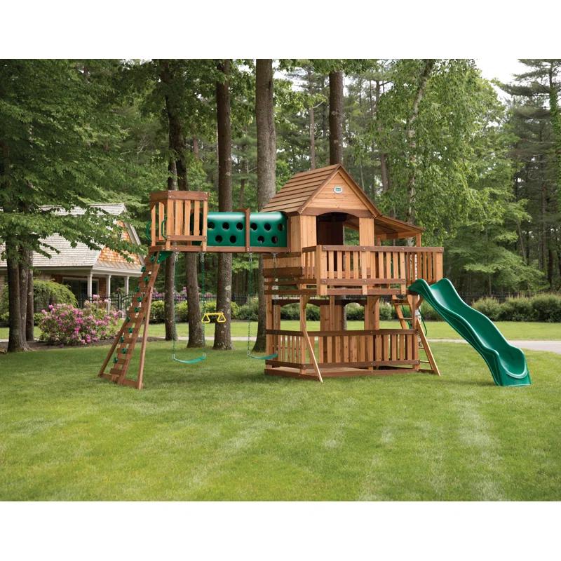Backyard Discovery Backyard Discovery Woodridge Elite Cedar Wood Swing Set with Wave Slide, Clubhouse, Crawl Tunnel, and Crow's Nest
