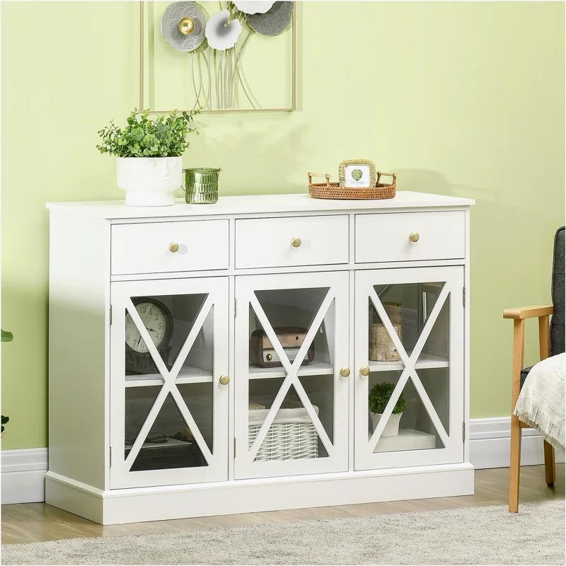Gracie Oaks 45" Farmhouse Sideboard Buffet Cabinet, Credenza,Coffee Bar Cabinet with Glass Doors and 3 Drawers, White