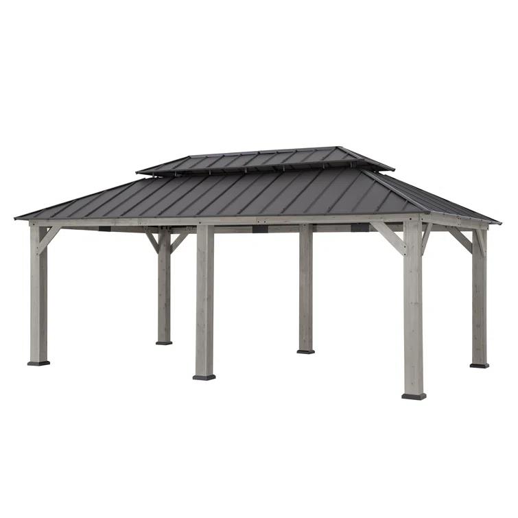 Sunjoy Sunjoy 12x20 ft. Wood Gazebo, Outdoor Patio Steel Hardtop Gazebo with 2-tier Metal Roof, Suitable for Patios, Lawn and Backyard, Matte Black Roof