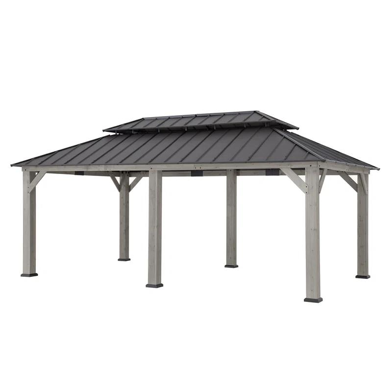Sunjoy Sunjoy 12x20 ft. Wood Gazebo, Outdoor Patio Steel Hardtop Gazebo with 2-tier Metal Roof, Suitable for Patios, Lawn and Backyard, Matte Black Roof
