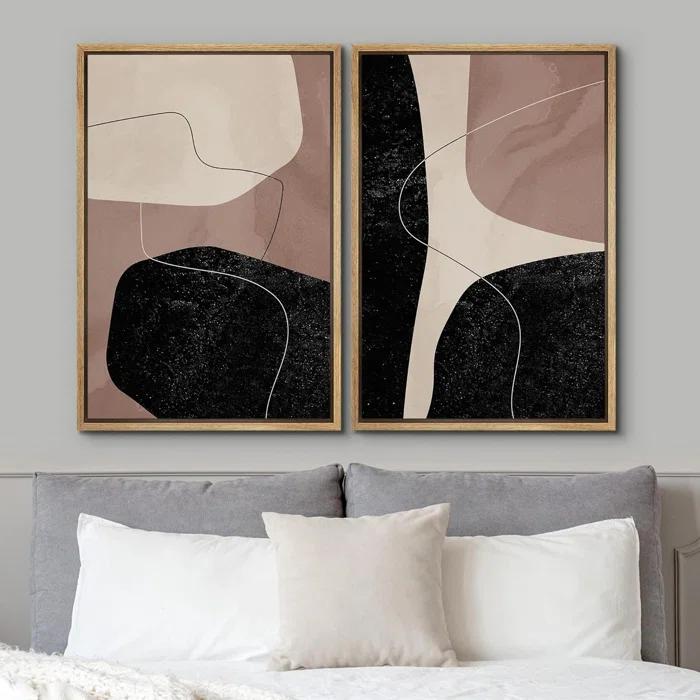 IDEA4WALL Mid Century Shape "Brown And Black Abstract Neutral Line Chic Framed Canvas Print 2 Pieces Wall Art