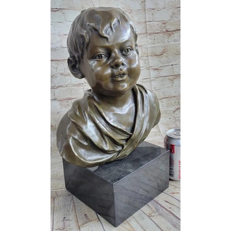 Red Barrel Studio® Bronze Metal Bust Statue Sculpture Of Young Boy Child On Marble Base Signed Original Art