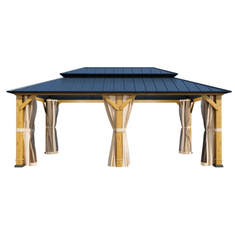 EROMMY 12' X 20' Outdoor Spruce Hardtop Gazebo For Patios, Spruce Framed Gazebo With Double Roof, Solid Wooden Framed Gazebo With Privacy Curtains For Patio Lawn, Garden, Backyard