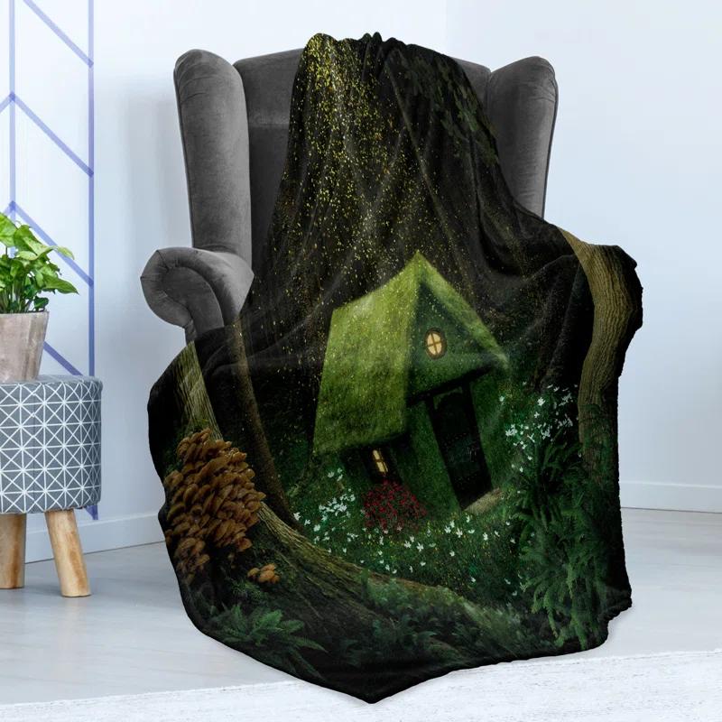 Ambesonne Ambesonne Green Fleece Throw Blanket Surreal Forest House Hunter Green Army Green