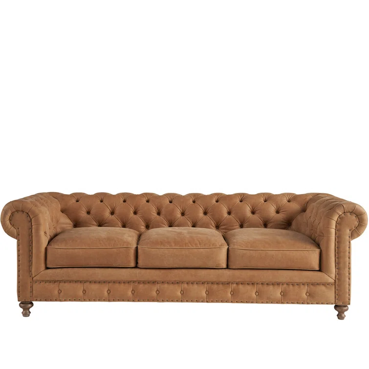 Winchester Sandstone Brown Tufted Leather Rolled Arm Sofa