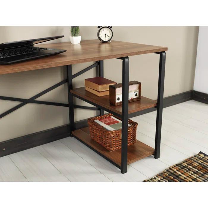 Sage Black Metal Frame 47" Wooden Top 2 Shelves Writing and Computer Desk for Home Office, Walnut