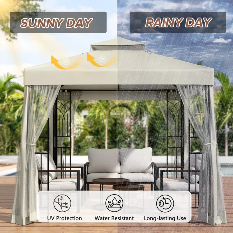 COOS BAY 8 Ft. W x 8 Ft. D Steel Frame Vented Soft Top Patio Gazebo with Mesh Netting, Corner Shelves