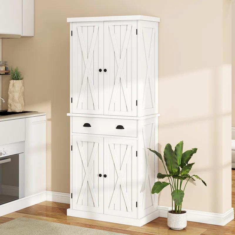 Gracie Oaks Sneyd 72" H Wood Farmhouse Kitchen Pantry Cabinet with Adjustable Shelves & Drawer