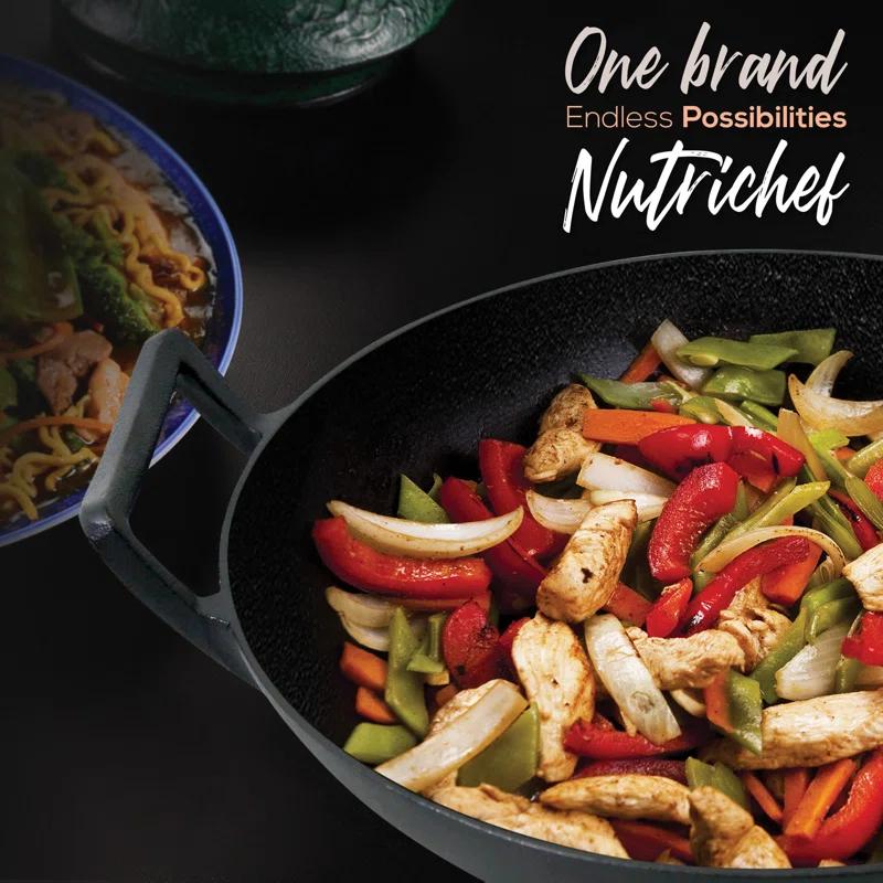 Open Box NutriChef Cooking Wok Cast Iron Stir Fry Pan with Wooden Lid, Black