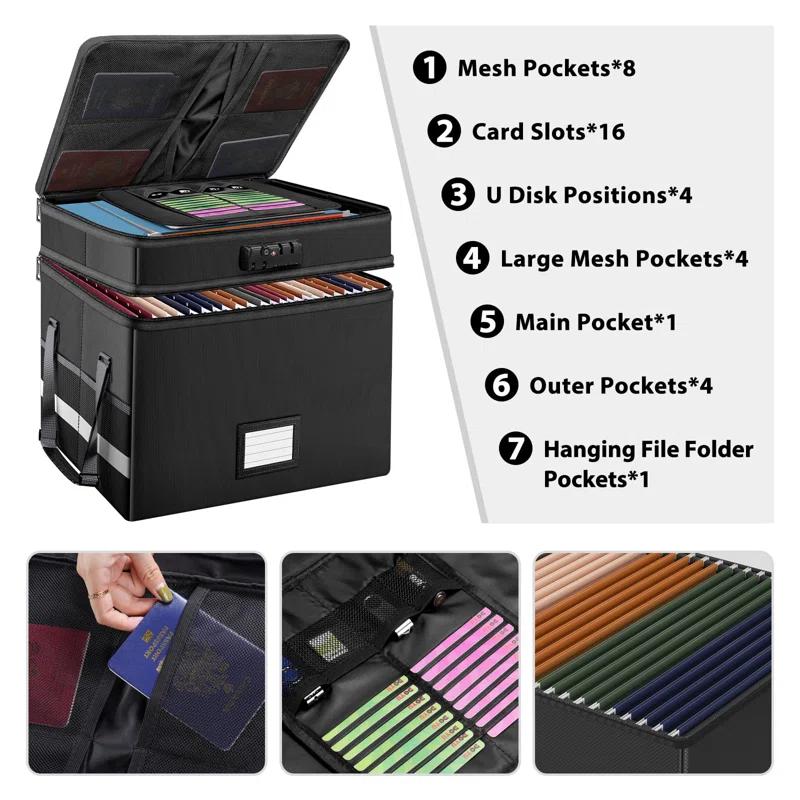 File Box With Lock,Multi-Layer Fireproof Document Box Collapsible File Storage Organizer With Pockets/Handle,Large Portable Home Office Filing Box For Hanging Letter/Legal Size Folders