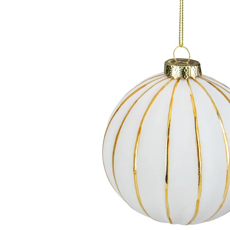 4" Glittered White and Gold Striped Glass Christmas Ball Ornament