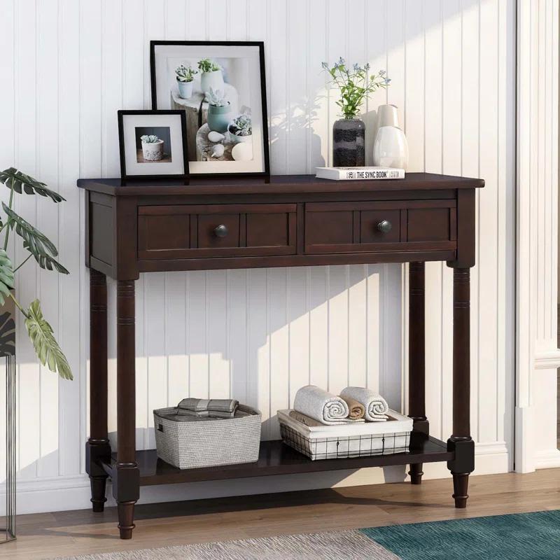 Alcott Hill® Wood Console Table with Two Drawers, Bottom Shelf