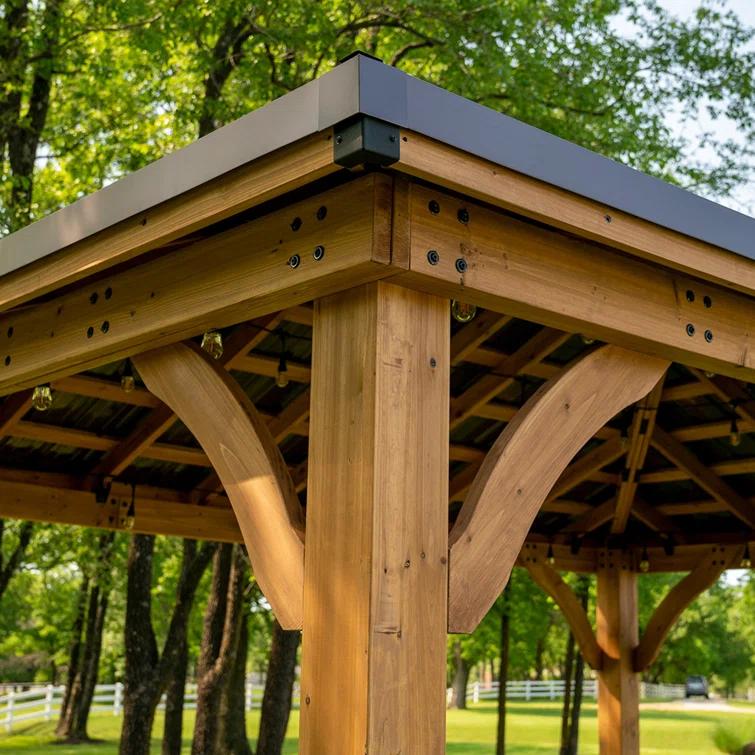 Backyard Discovery Backyard Discovery Barrington 14' x 12' Cedar Wood Outdoor Patio Gazebo with Hardtop Galvanized Steel Hip Roof and PowerPort