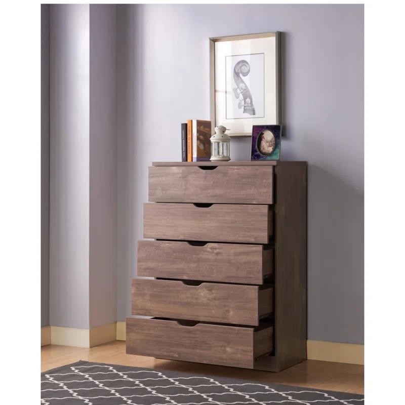 Modern five drawer clothes and storage chest cabinet with cutout handles in Hazelnut color