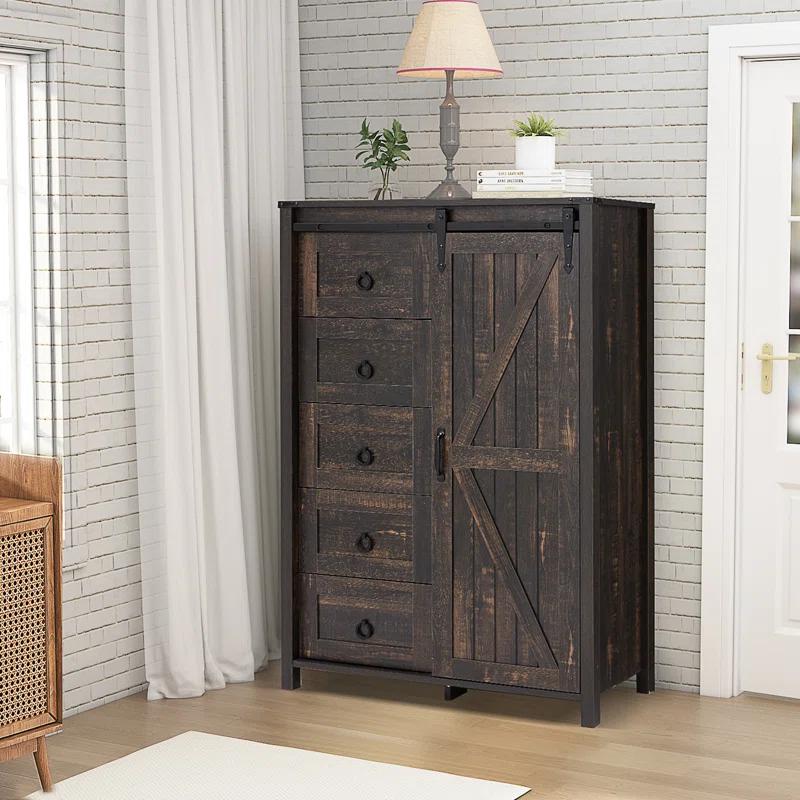 Gracie Oaks 5 Drawers Dresser With Cabinet, 48" Tall Chest, Wooden Closet Dresser With Sliding Barn Door For Living Room, Hallway