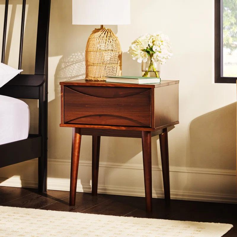 George Oliver Mid-Century Modern 1-Drawer Solid Wood Nightstand – Walnut